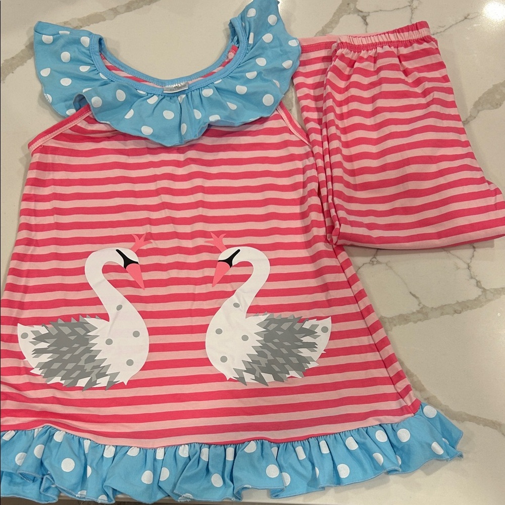 Girls' Pink Stripe Swan Pajama Set with Blue Polka Dot Trim. Boutique no brand